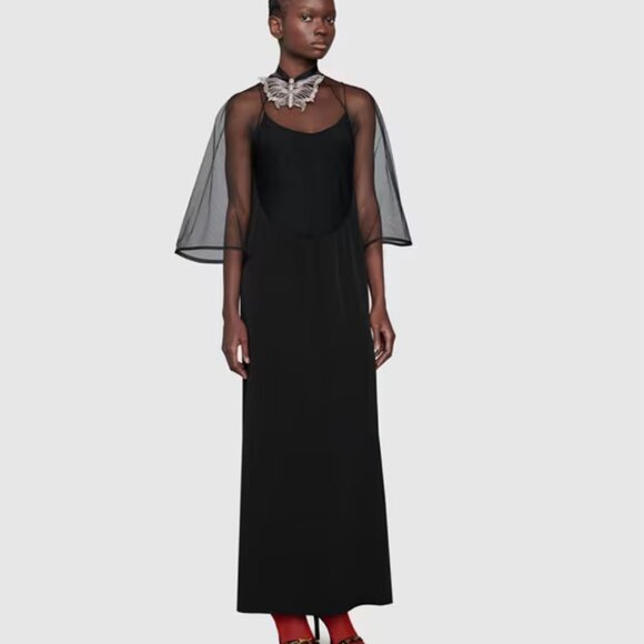 GUCCI DRESS BLACK VISCOSE SILK FAILLE MESH DETACHABLE SLIP sz IT 40 US 4 - Picture 4 of 15